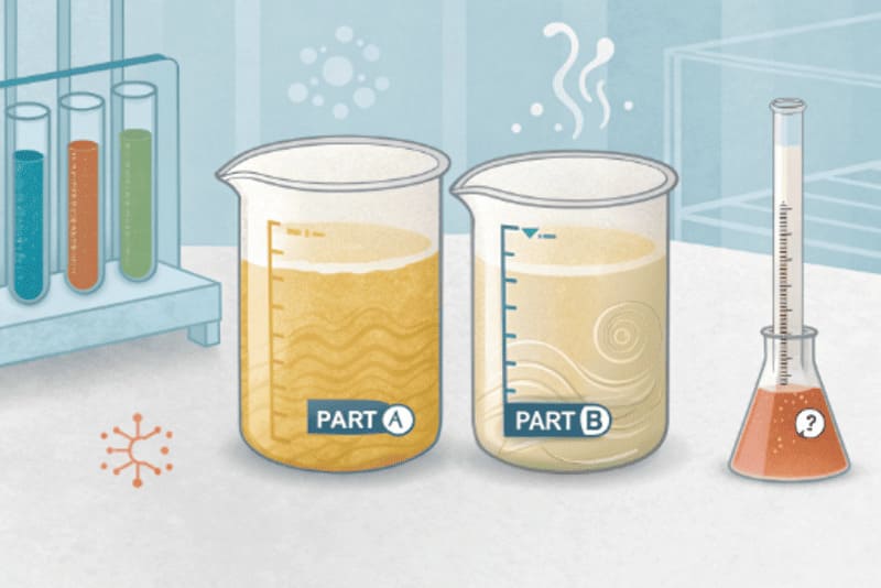 Two beakers showing the correct 1:1 [mixing ratio](https://en.wikipedia.org/wiki/Polyurethane)<sup id=