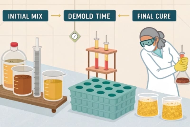 A timeline showing the curing process of urethane rubber from liquid to fully cured solid